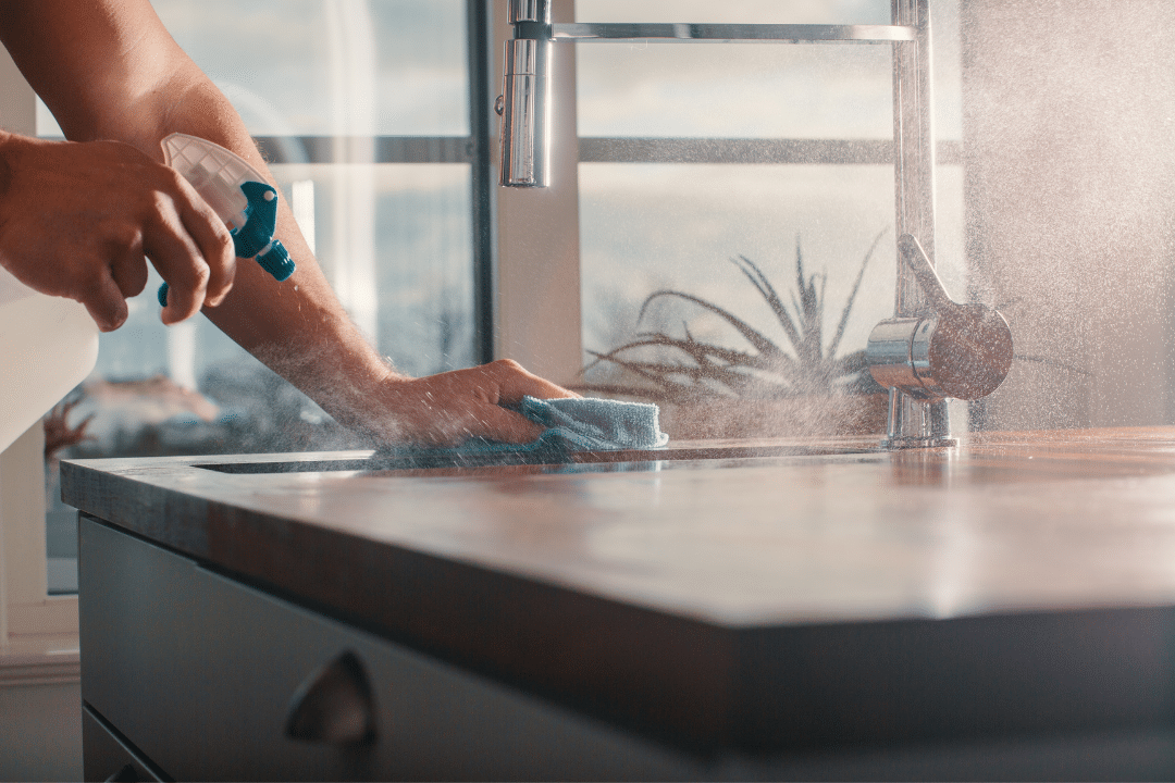 Professional kitchen sanitization and clean countertop space Professional kitchen sanitization and clean countertop space