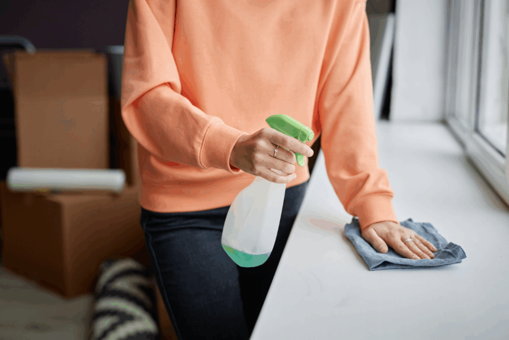 Person disinfecting a surface with spray and cloth, performing detailed deep cleaning for improved hygiene.