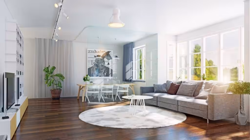 Professionally cleaned family room with fresh seating, spotless windows, and tidy surroundings.
