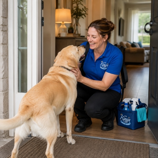 A professional house cleaner greeting a family dog in a clients Lincoln home.