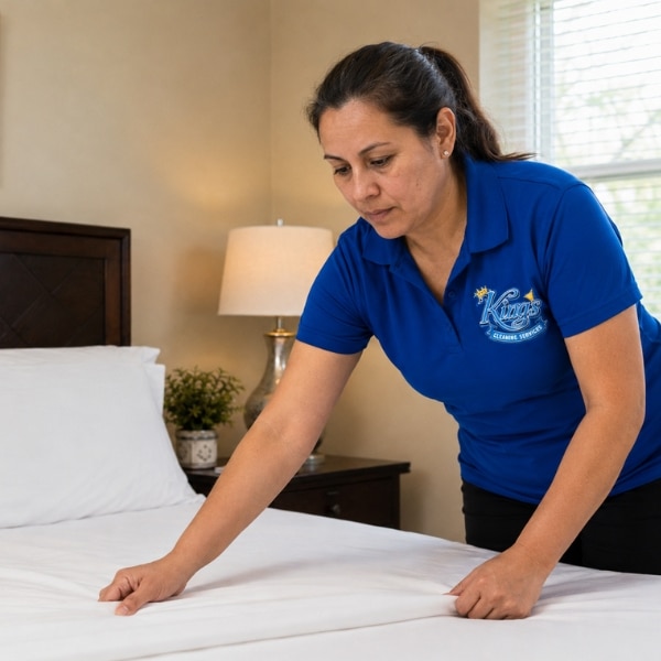 A Kings Cleaning House Cleaner making a client's bed.