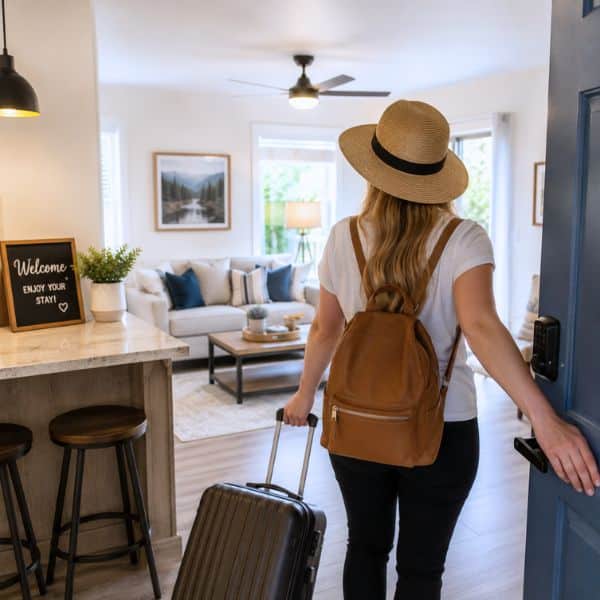 Guest arriving at a clean and welcoming Airbnb vacation rental