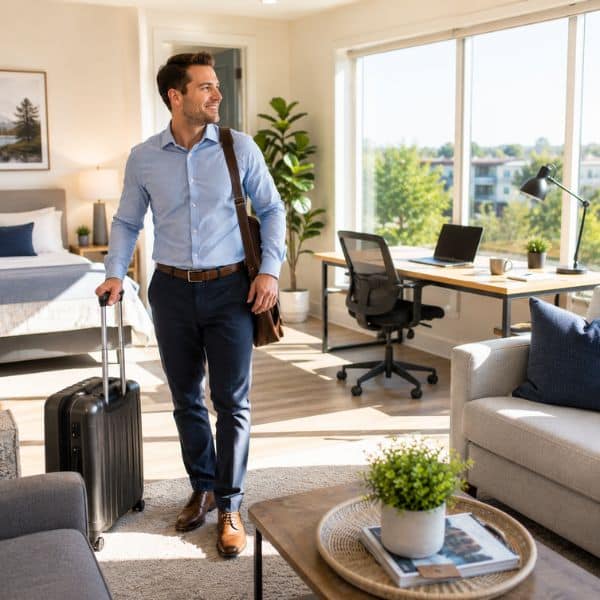 Business traveler checking into a bright corporate rental apartment