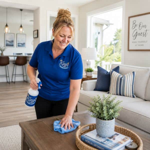 Professional Kings Cleaning technician preparing a vacation rental for the next guest