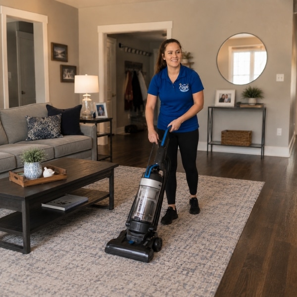A house cleaner vacuuming a living room carpet.